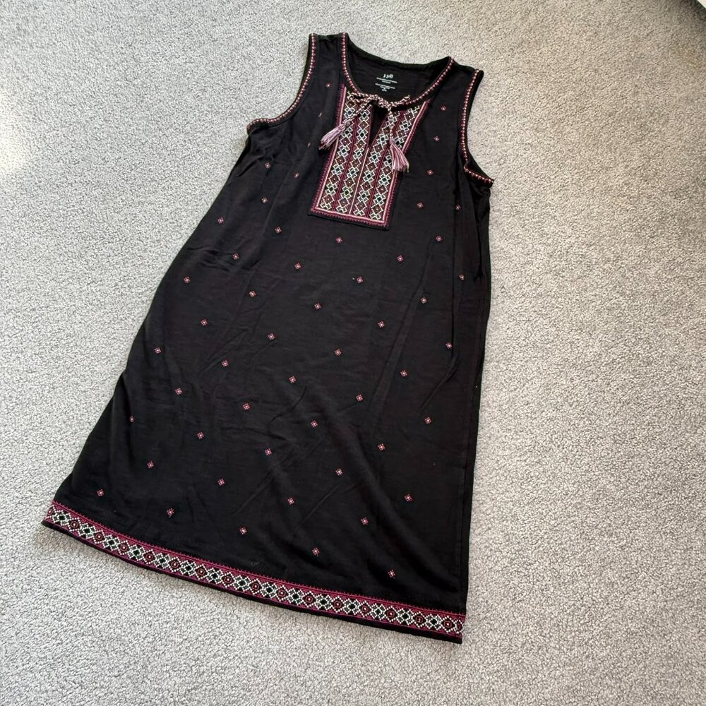 J. Jill Black Embroidered Sleeveless Knit Shift Dress Tassel Tie Summer MEDIUM